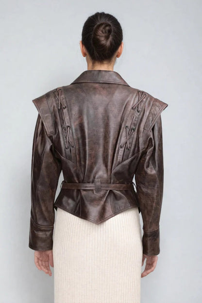 Elegant Peter Pan Collar Waist Faux Leather Jacket