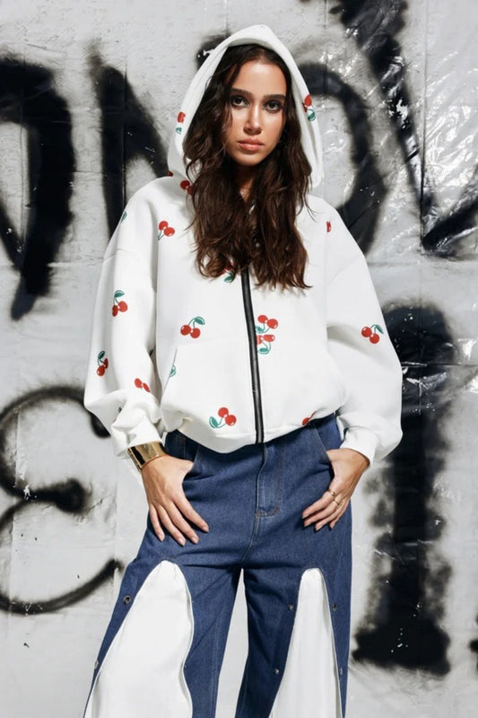 Hooded Cherry Print Long-Sleeved Jacket