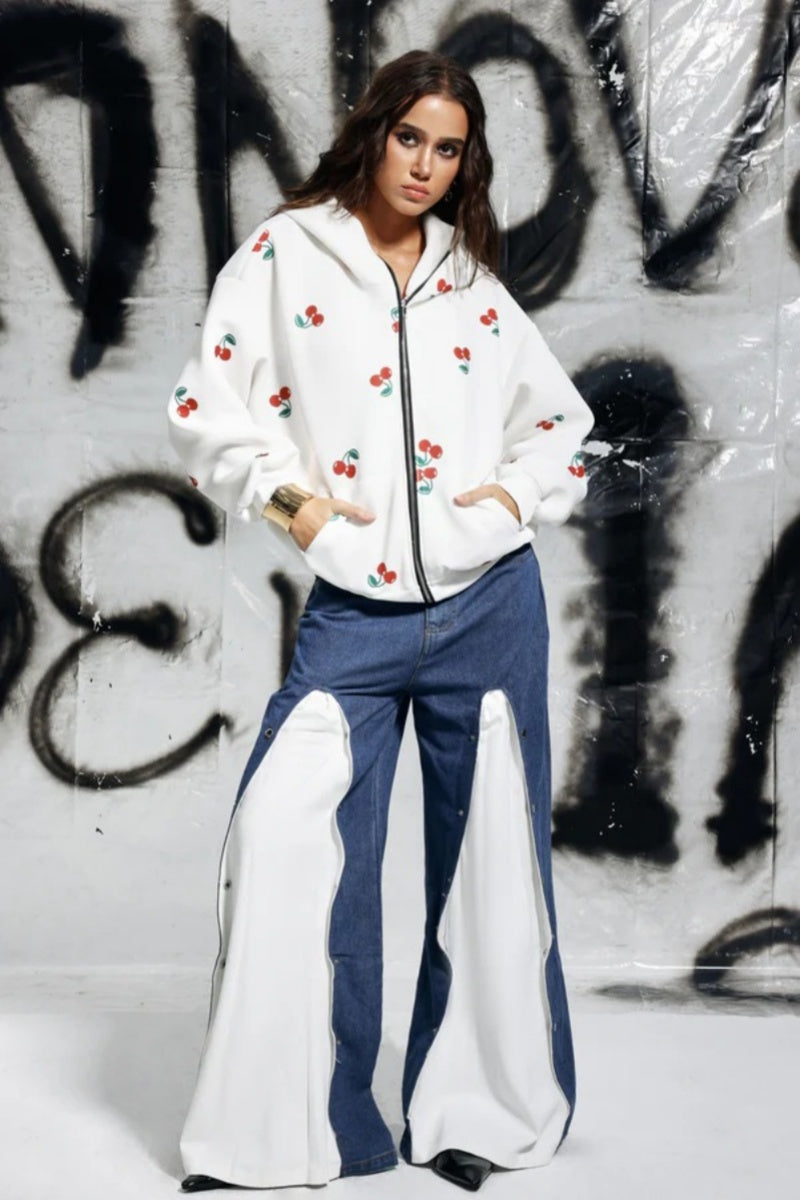 Hooded Cherry Print Long-Sleeved Jacket