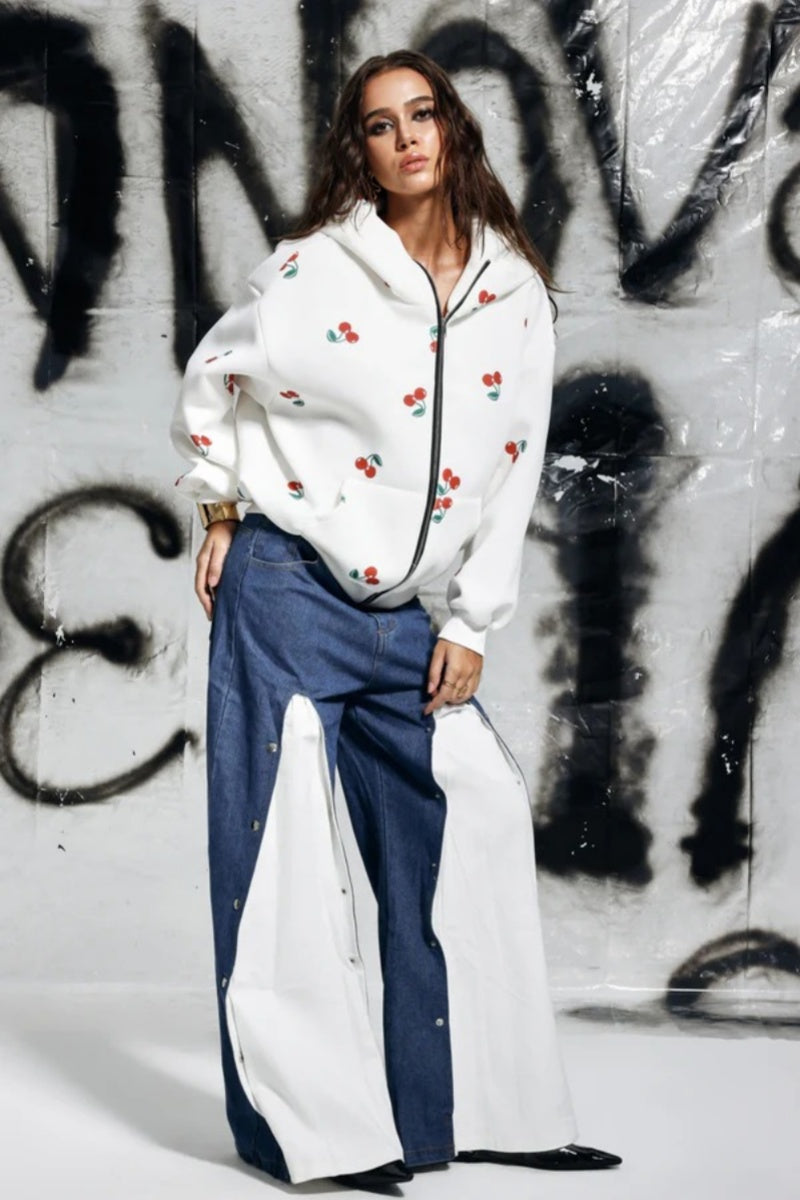 Hooded Cherry Print Long-Sleeved Jacket