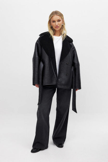 Belted Faux Sheepskin Jacket