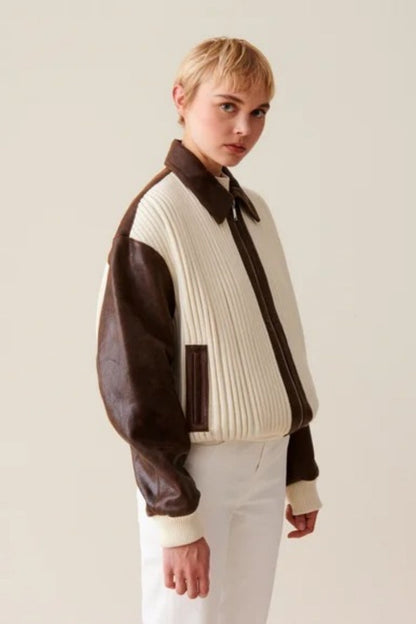 Knit-Paneled Leather Jacket