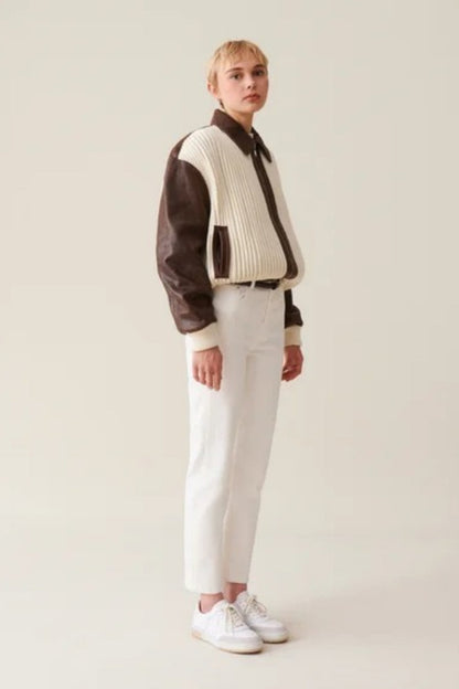 Knit-Paneled Leather Jacket