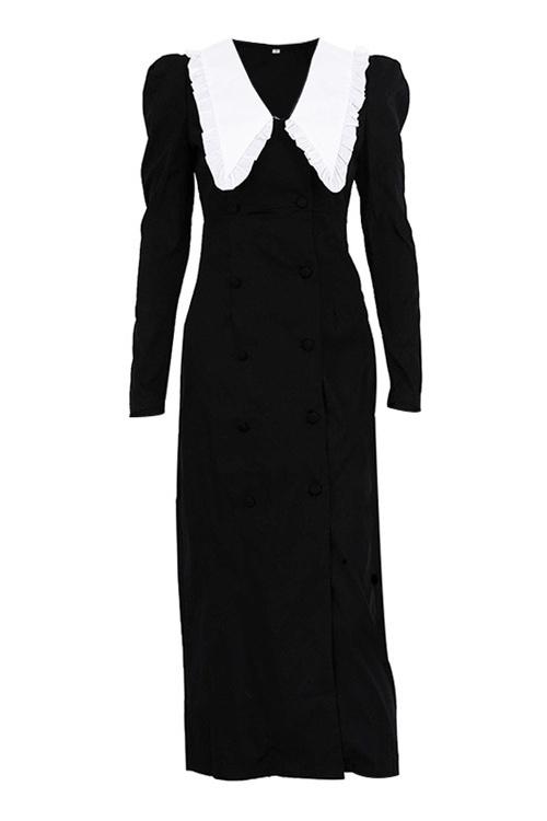 Black - A woman models a long-sleeved, form-fitting black midi dress featuring a double-breasted front, structured puff shoulders, and a large, contrasting white collar with a ruffle edge.