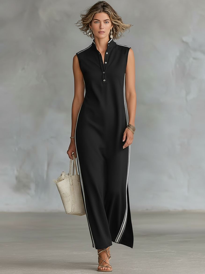 Black - Sleeveless collared maxi dress with a front half-button placket, contrast side stripes, and side hem slits, styled with a woven tote bag and strappy sandals.