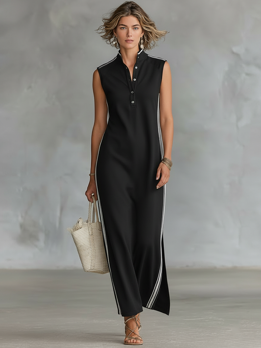 Black - Sleeveless collared maxi dress with a front half-button placket, contrast side stripes, and side hem slits, styled with a woven tote bag and strappy sandals.