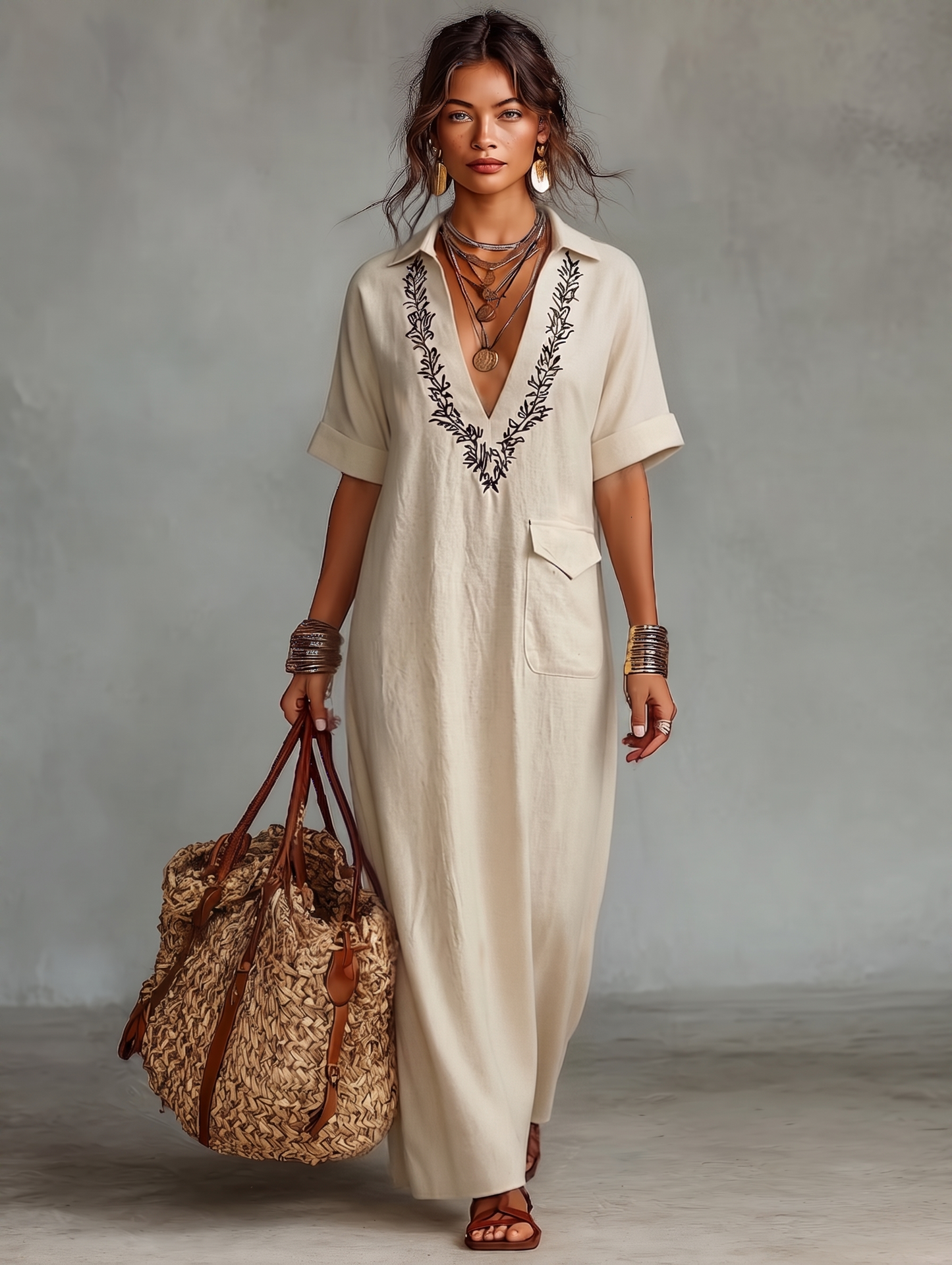 Black - Woman wearing a relaxed-fit, floor-length linen maxi dress featuring a deep V-neckline, collar, short sleeves, front patch pocket, and intricate contrast embroidery around the neck.