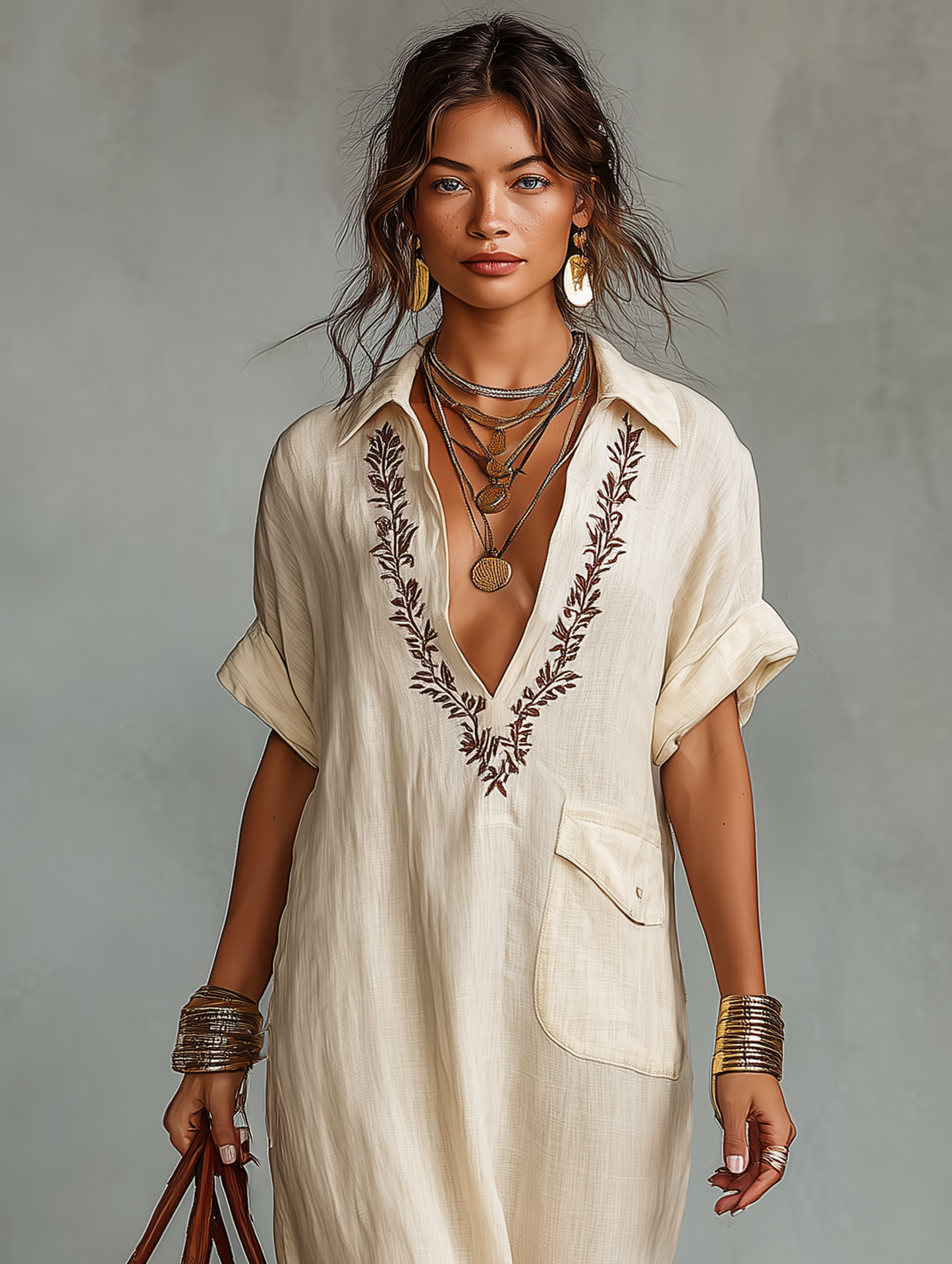Black - Woman wearing a relaxed-fit, floor-length linen maxi dress featuring a deep V-neckline, collar, short sleeves, front patch pocket, and intricate contrast embroidery around the neck.