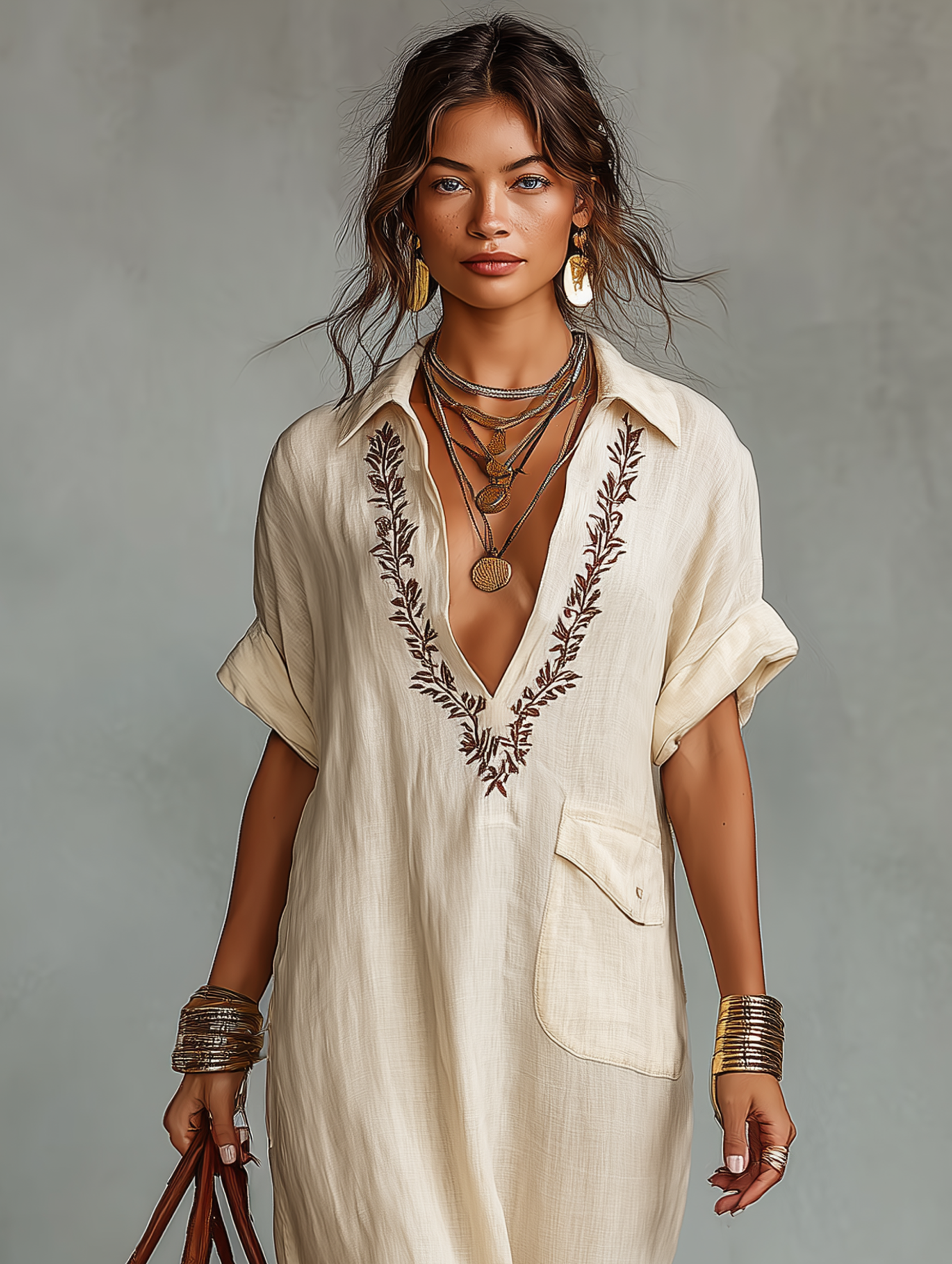 Black - Woman wearing a relaxed-fit, floor-length linen maxi dress featuring a deep V-neckline, collar, short sleeves, front patch pocket, and intricate contrast embroidery around the neck.