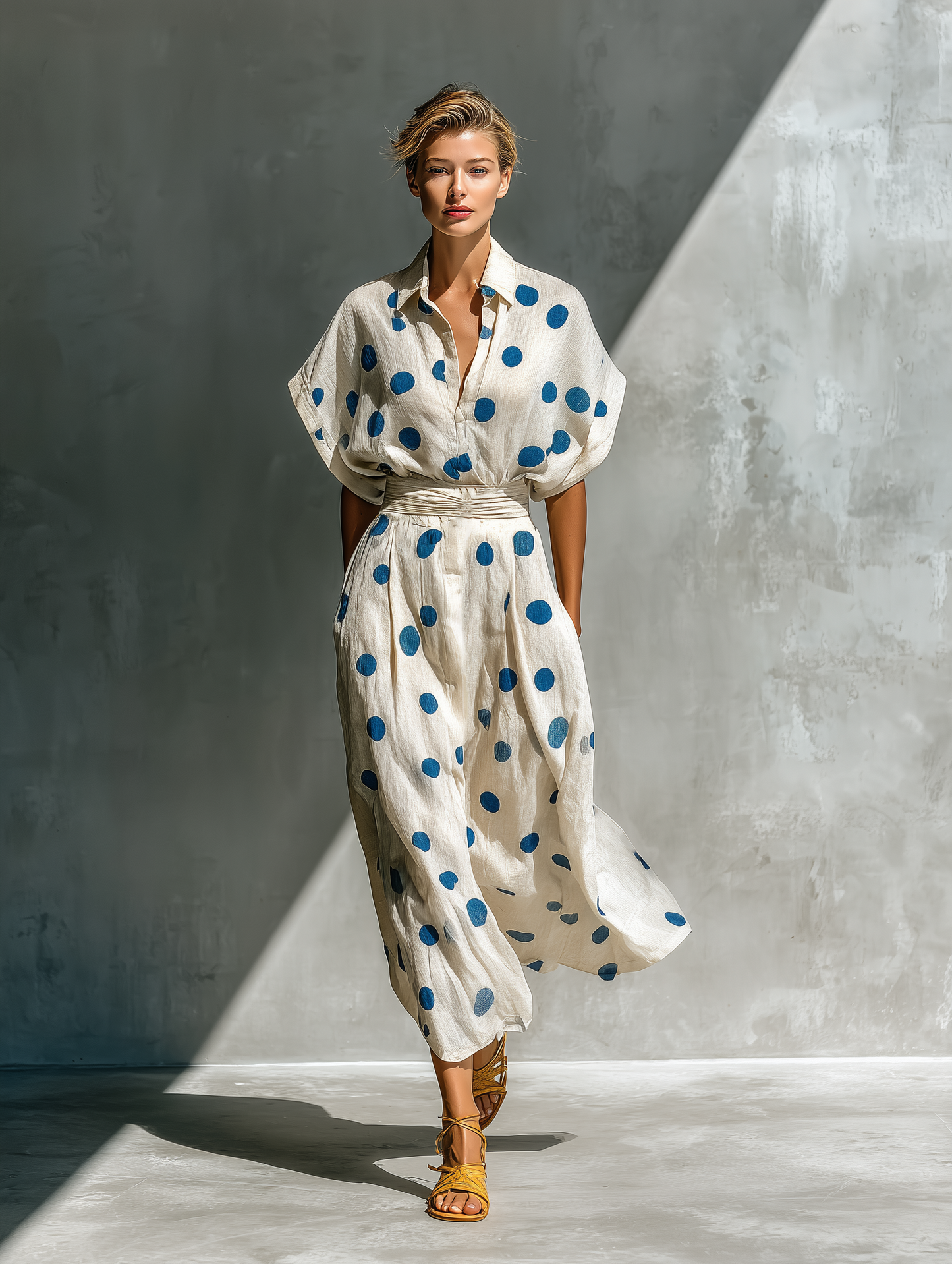 Off-White - Model walking in a flowing dotted midi dress featuring a collared V-neckline, short dolman sleeves, and a wide ruched waistband.