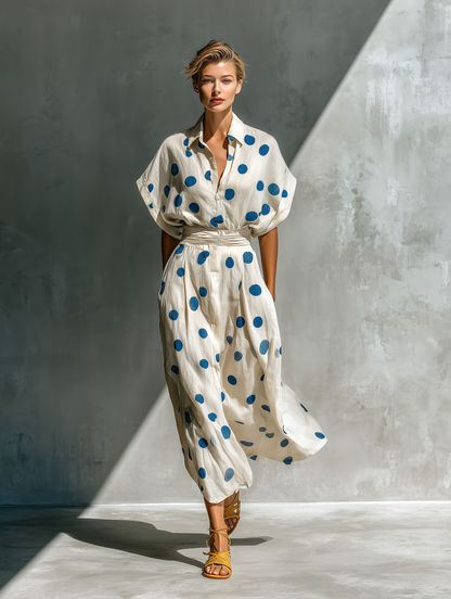 Off-White - Model walking in a flowing dotted midi dress featuring a collared V-neckline, short dolman sleeves, and a wide ruched waistband.