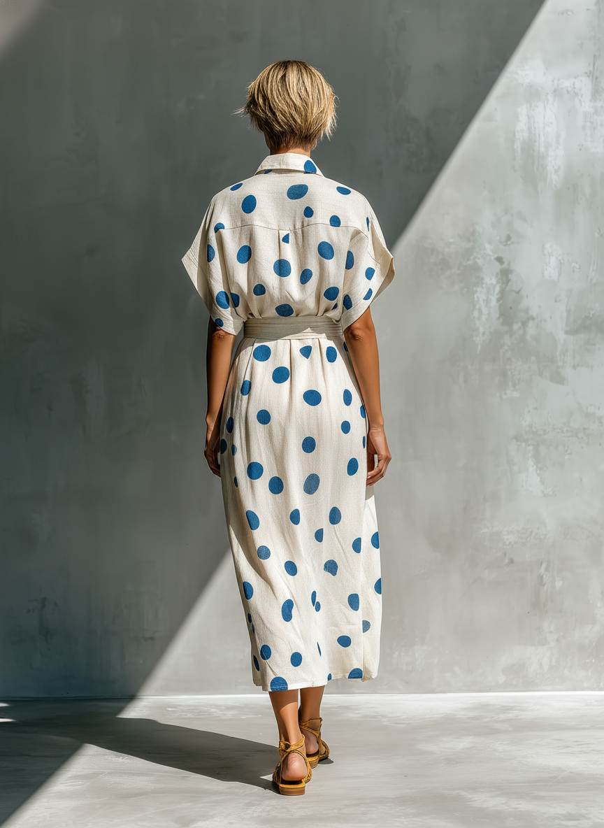 Off-White - Model walking in a flowing dotted midi dress featuring a collared V-neckline, short dolman sleeves, and a wide ruched waistband.