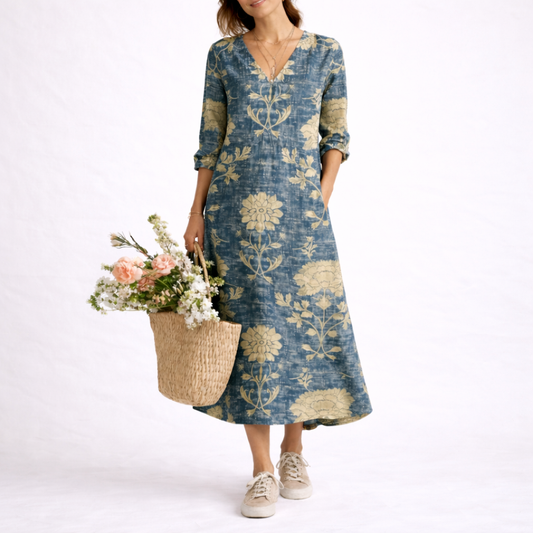 Blue - Model wearing a relaxed fit floral print V-neck midi dress with three-quarter sleeves, holding a woven basket filled with flowers.