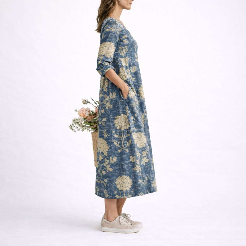 Blue - Model wearing a relaxed fit floral print V-neck midi dress with three-quarter sleeves, holding a woven basket filled with flowers.