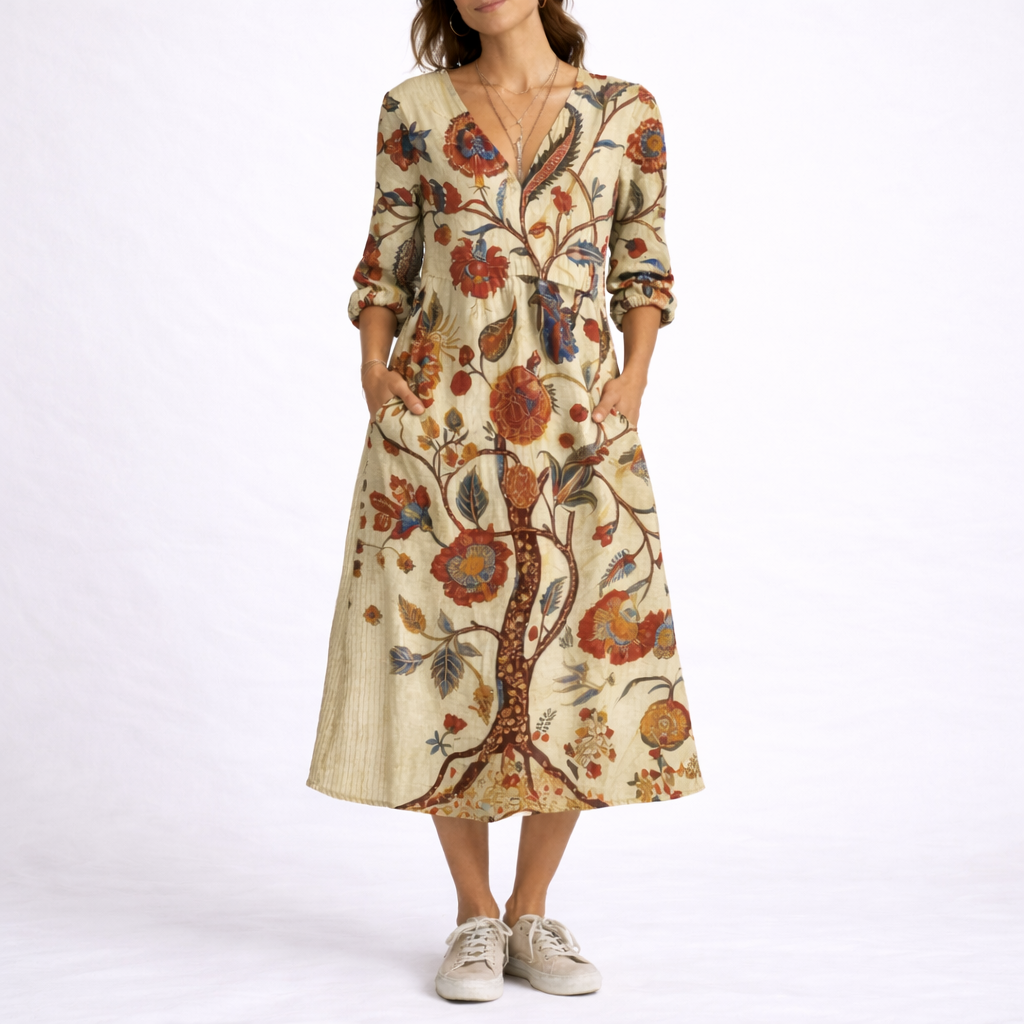Beige - Model wearing a relaxed fit floral print V-neck midi dress with three-quarter sleeves, holding a woven basket filled with flowers.