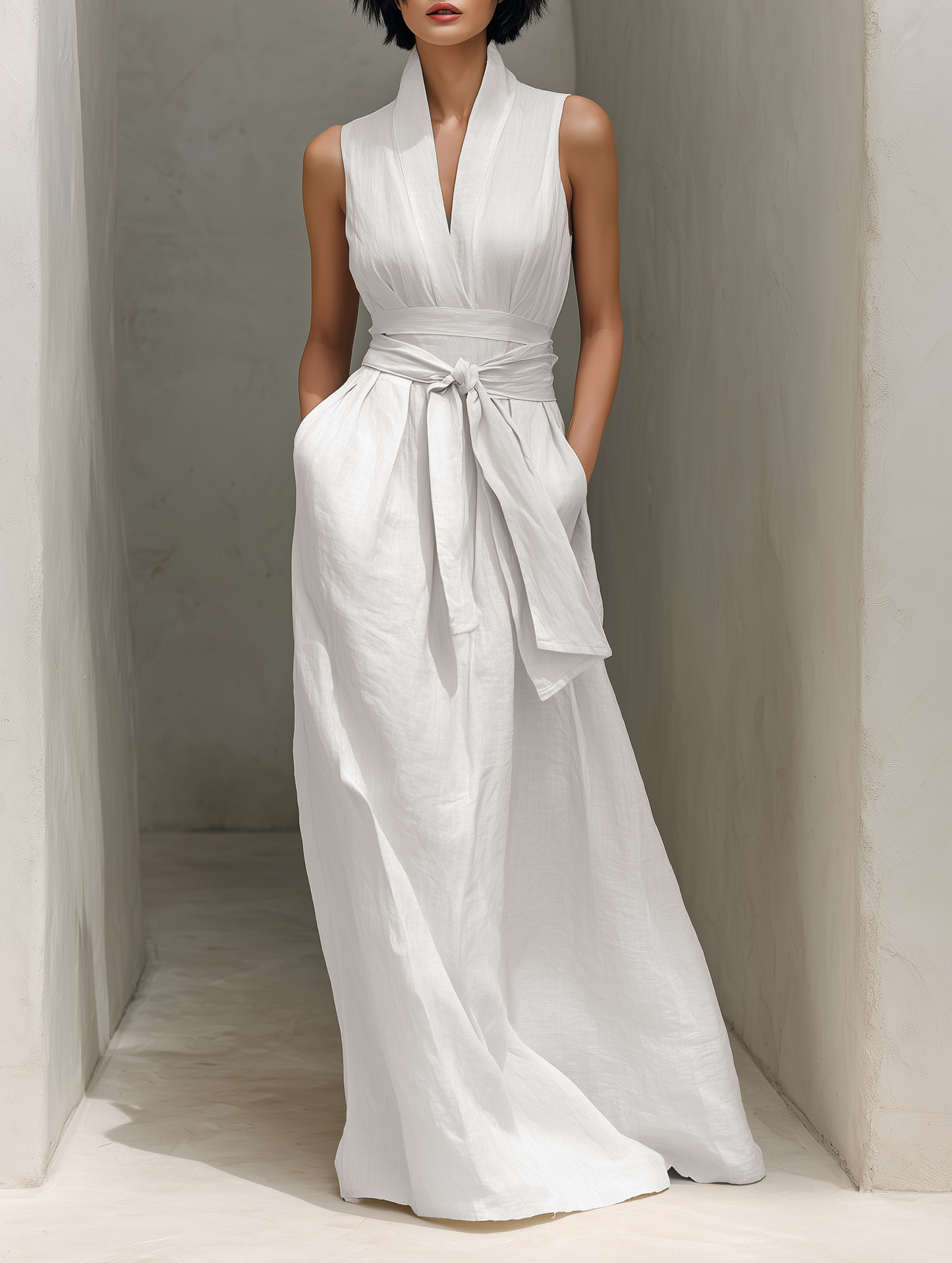 White - Woman wearing a minimalist sleeveless wide-leg jumpsuit with a deep V-neckline and a wide self-tie belt at the waist, posing in an architectural setting.