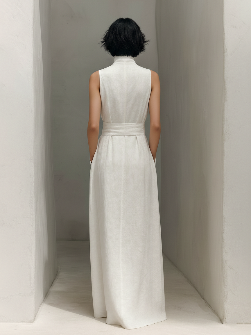White - Woman wearing a minimalist sleeveless wide-leg jumpsuit with a deep V-neckline and a wide self-tie belt at the waist, posing in an architectural setting.