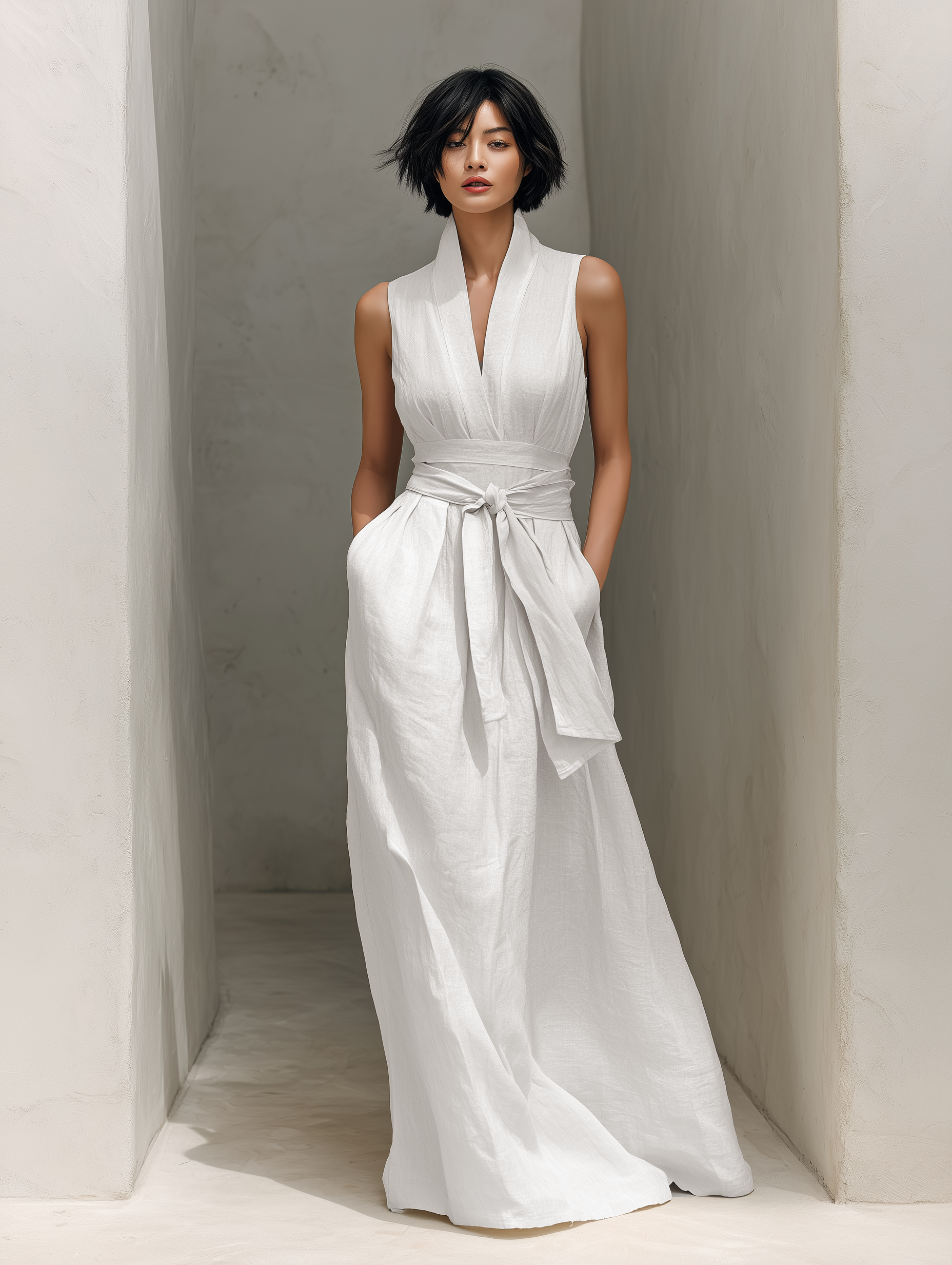 White - Woman wearing a minimalist sleeveless wide-leg jumpsuit with a deep V-neckline and a wide self-tie belt at the waist, posing in an architectural setting.