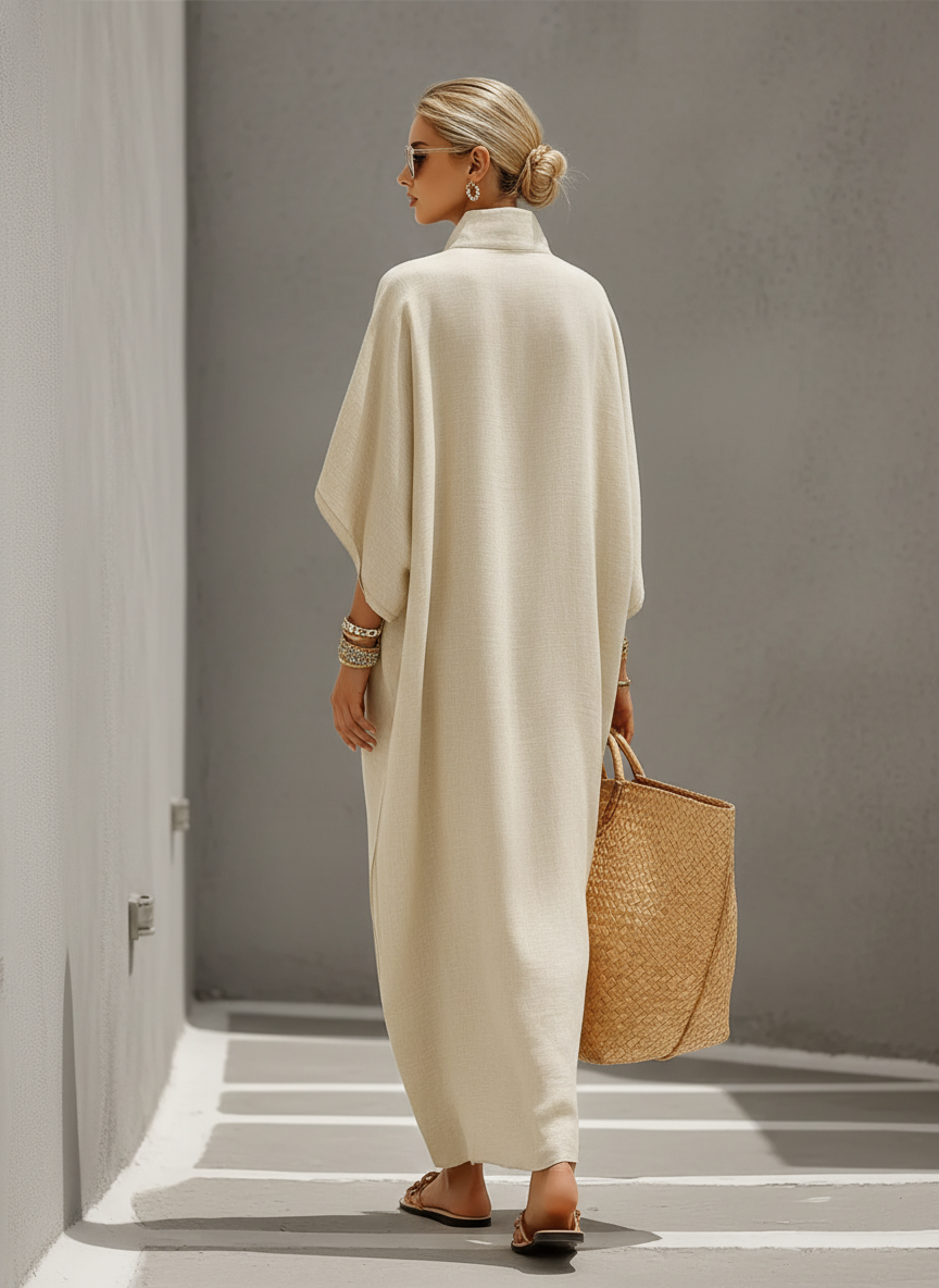 Oatmeal - Woman walking outdoors wearing a relaxed, oversized collared maxi dress with wide sleeves and a front button placket, carrying a woven tote bag.
