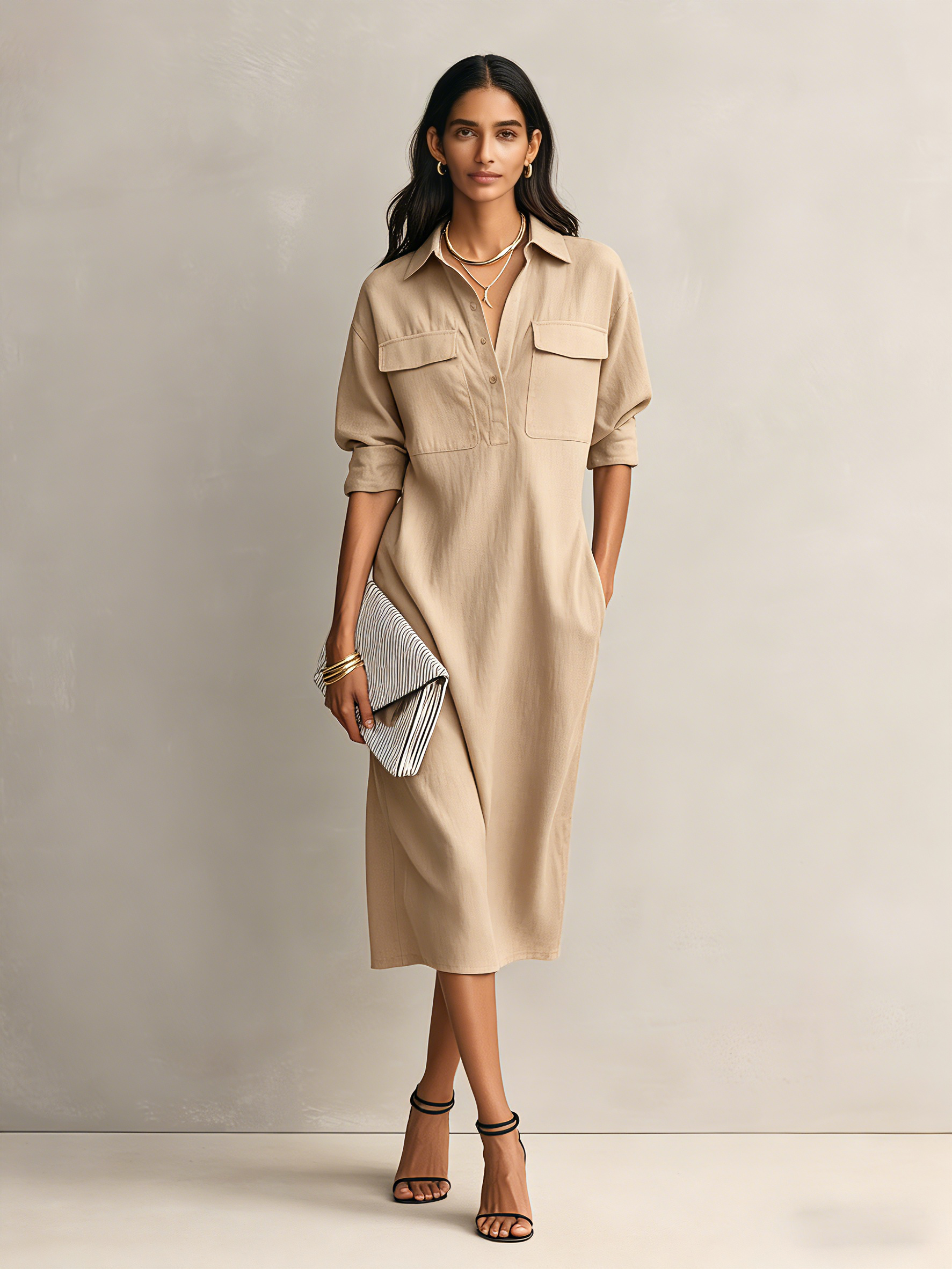 Apricot - Model wearing a relaxed fit, long-sleeve midi shirtdress with a collar, chest pockets, and side pockets against a neutral background.