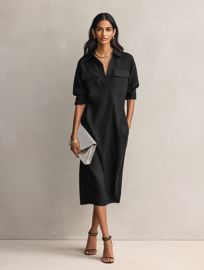 Apricot - Model wearing a relaxed fit, long-sleeve midi shirtdress with a collar, chest pockets, and side pockets against a neutral background.