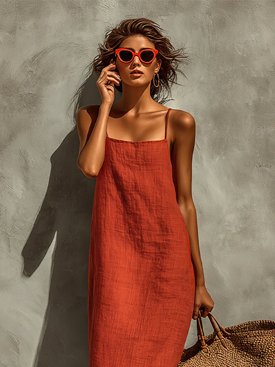 Red - Woman wearing a textured maxi slip sundress with spaghetti straps, holding a large woven tote bag against a textured grey wall.