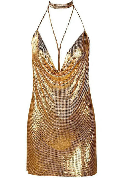 Women's gold metallic mesh mini slip dress featuring a draped cowl neckline and delicate chain straps.