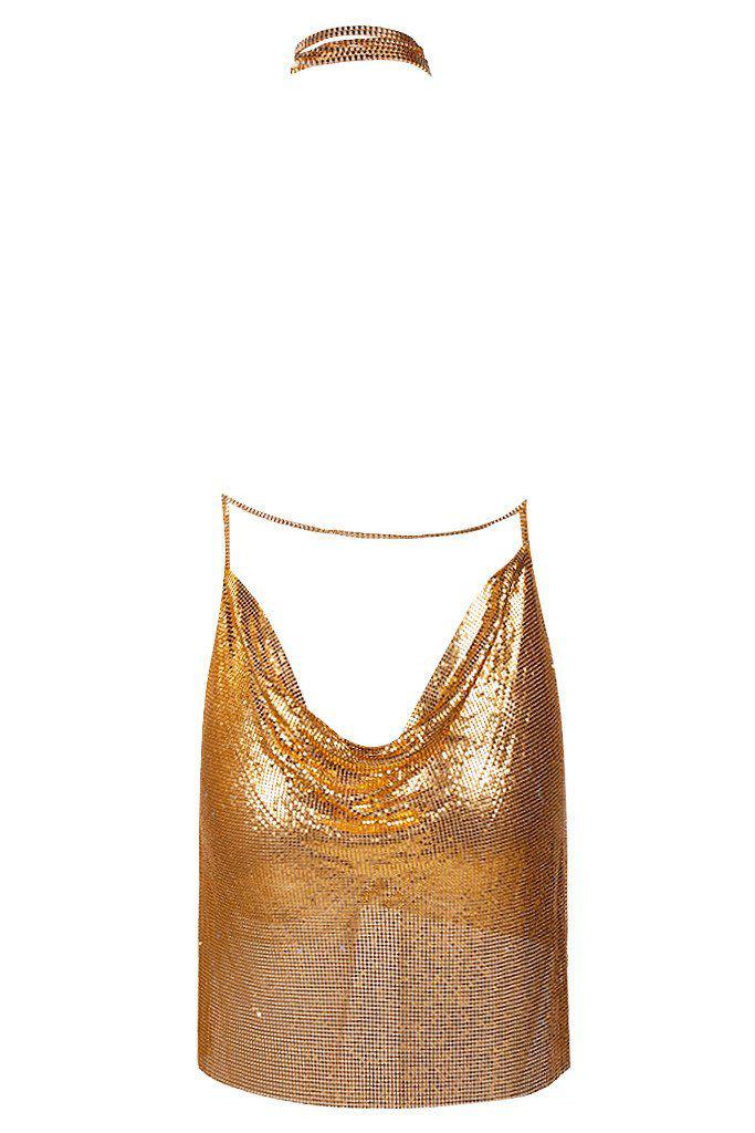 Women's gold metallic mesh mini slip dress featuring a draped cowl neckline and delicate chain straps.