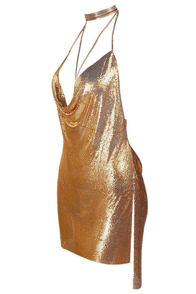 Women's gold metallic mesh mini slip dress featuring a draped cowl neckline and delicate chain straps.