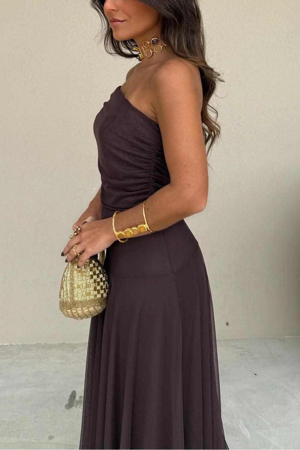 Brown - A woman wearing an elegant off-the-shoulder floor-length maxi dress featuring a ruched bodice and a sheer mesh overlay, styled with gold accessories.