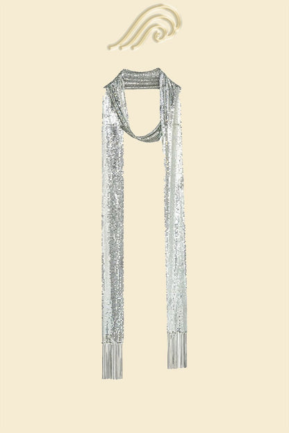 Silver - Metallic Tassel Skinny Scarf-Sunfere