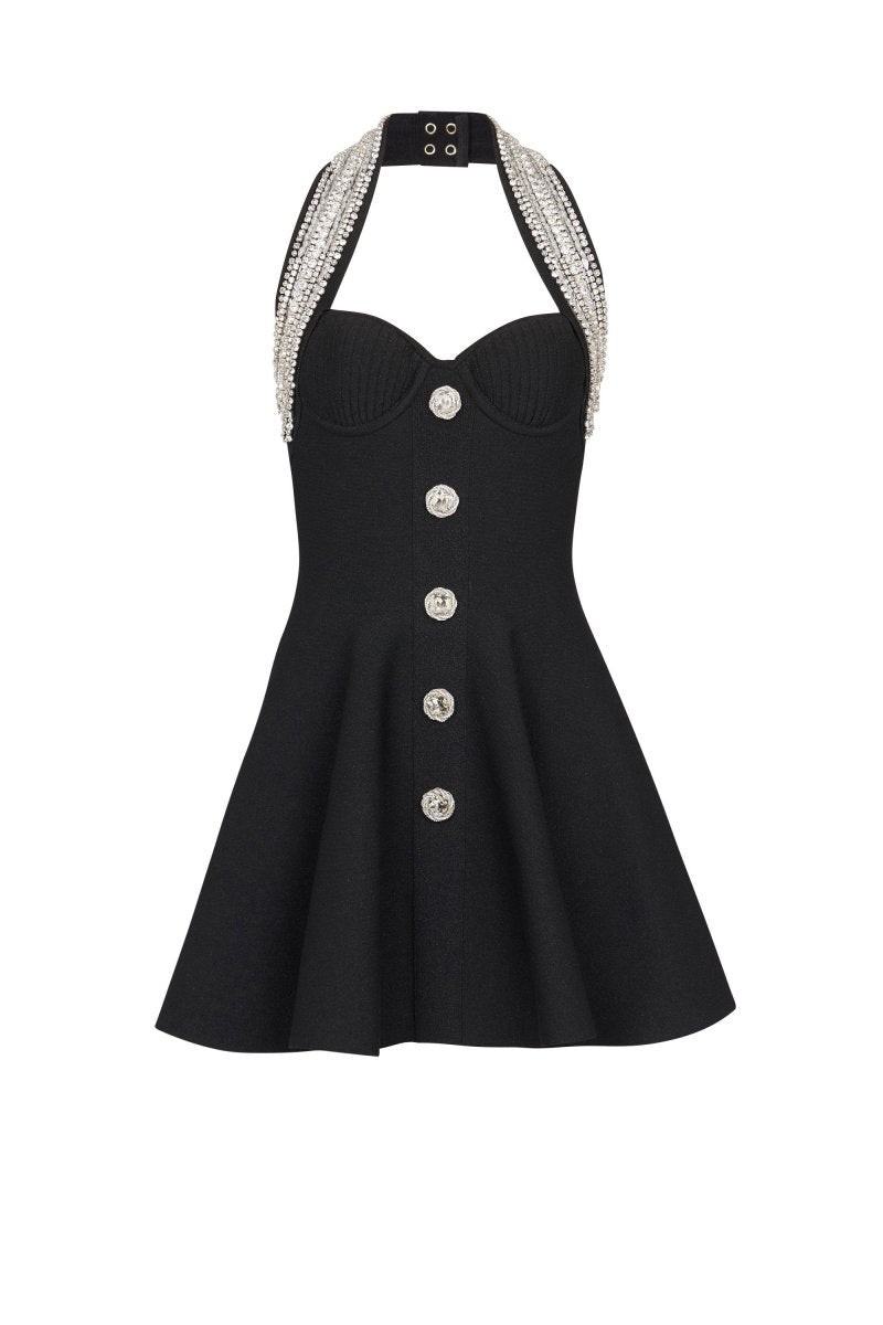dresses - Patricia Crystal Embellished Halter Mini Knit Dress - SD00708093337 - Black - S - Sunfere