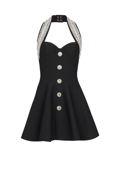 dresses - Patricia Crystal Embellished Halter Mini Knit Dress - SD00708093337 - Black - S - Sunfere