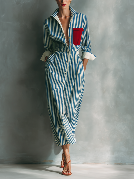 Blue And White - Model wearing a striped button-down midi shirtdress with a collar, long sleeves, and a contrast chest pocket.