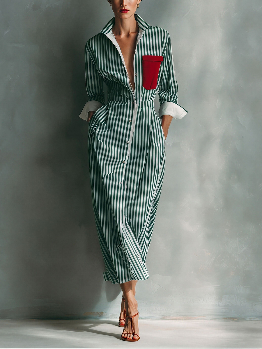 Green And White - Model wearing a striped button-down midi shirtdress with a collar, long sleeves, and a contrast chest pocket.
