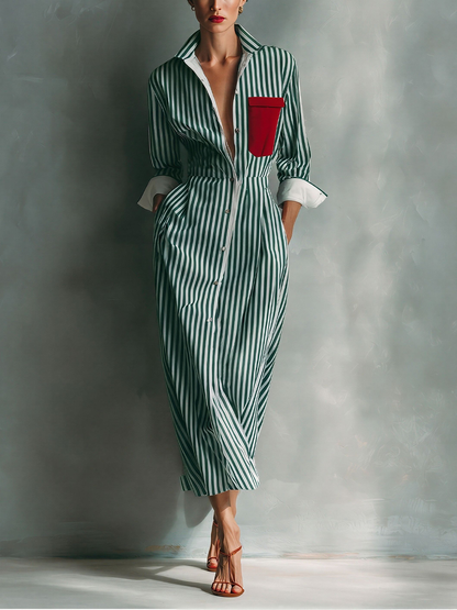 Green And White - Model wearing a striped button-down midi shirtdress with a collar, long sleeves, and a contrast chest pocket.