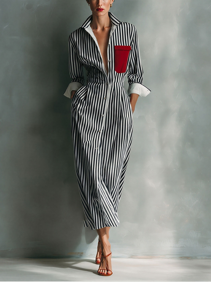 Black And White - Model wearing a striped button-down midi shirtdress with a collar, long sleeves, and a contrast chest pocket.