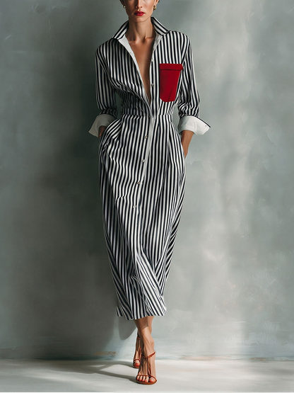 Black And White - Model wearing a striped button-down midi shirtdress with a collar, long sleeves, and a contrast chest pocket.