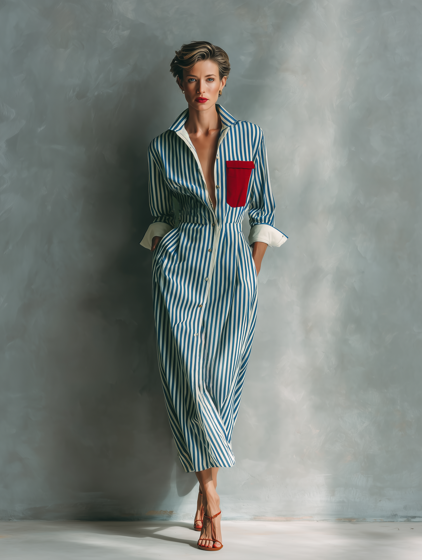 Black And White - Model wearing a striped button-down midi shirtdress with a collar, long sleeves, and a contrast chest pocket.