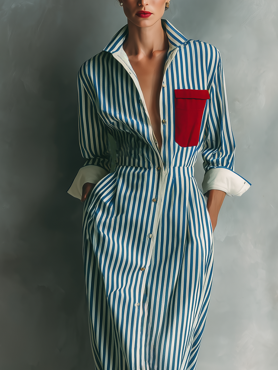 Black And White - Model wearing a striped button-down midi shirtdress with a collar, long sleeves, and a contrast chest pocket.