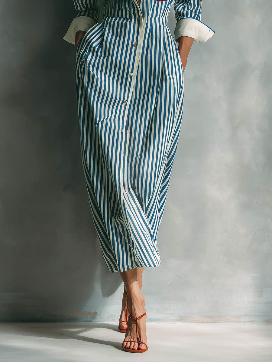 Black And White - Model wearing a striped button-down midi shirtdress with a collar, long sleeves, and a contrast chest pocket.