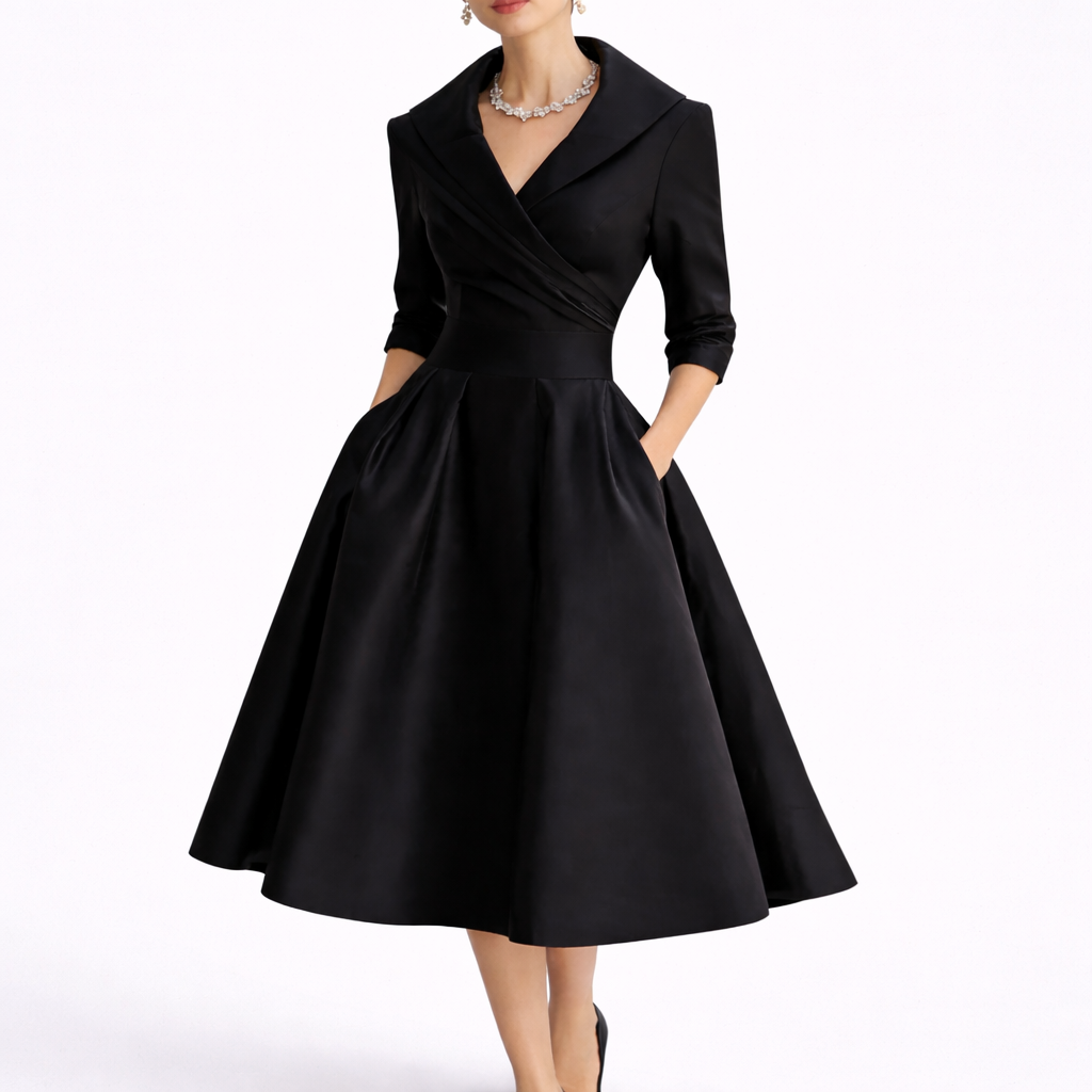 Black - Woman wearing a structured A-line midi dress with a wide portrait collar, wrap bodice, 3/4 sleeves, and a full pleated skirt with pockets.