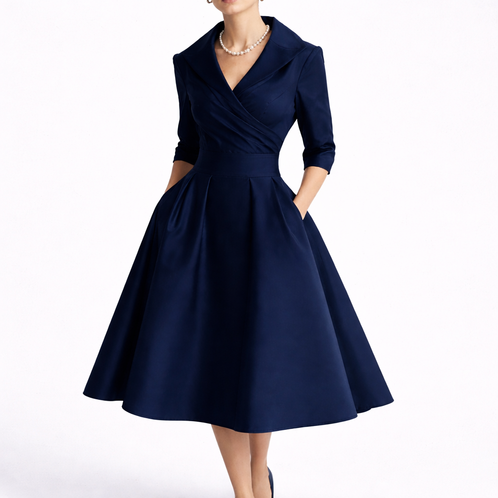 Navy - Woman wearing a structured A-line midi dress with a wide portrait collar, wrap bodice, 3/4 sleeves, and a full pleated skirt with pockets.