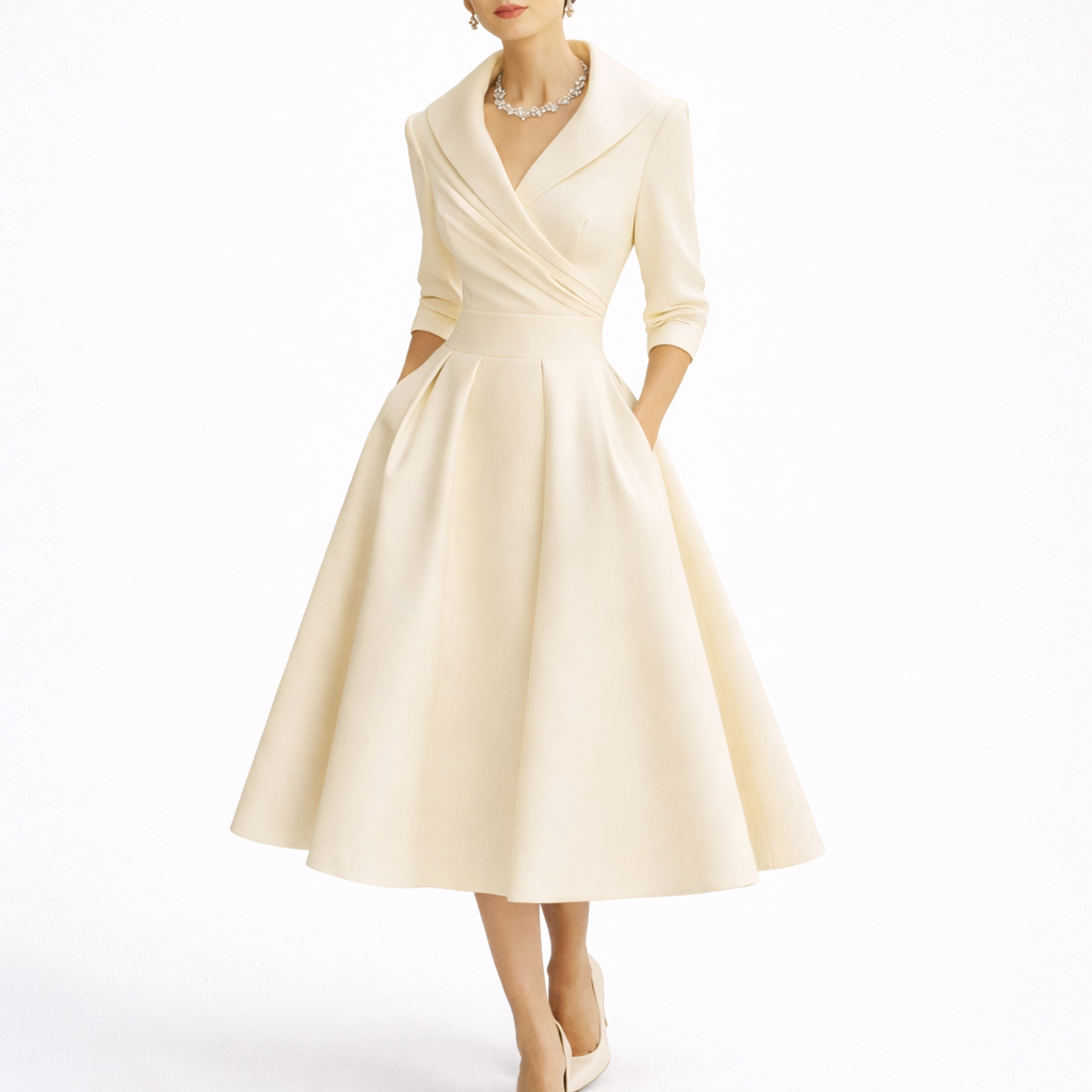 White - Woman wearing a structured A-line midi dress with a wide portrait collar, wrap bodice, 3/4 sleeves, and a full pleated skirt with pockets.