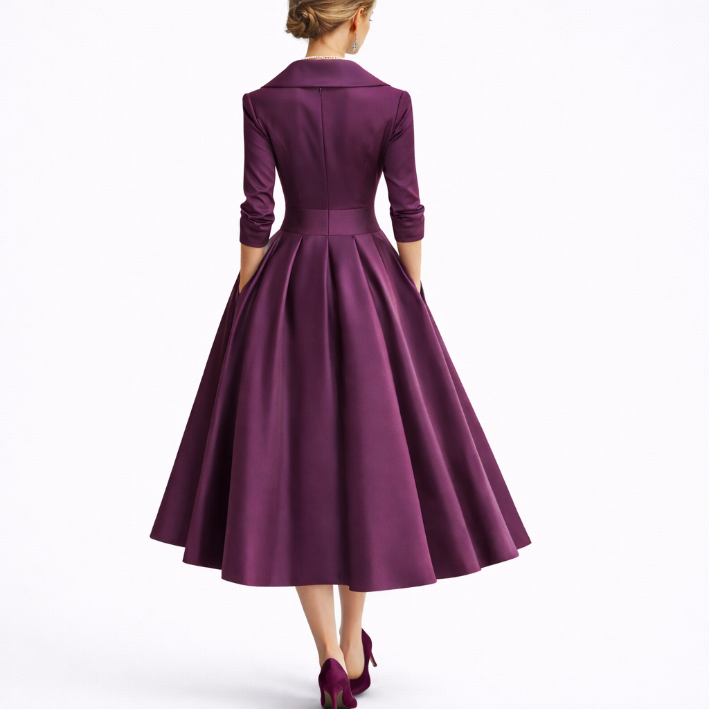 Purple - Woman wearing a structured A-line midi dress with a wide portrait collar, wrap bodice, 3/4 sleeves, and a full pleated skirt with pockets.