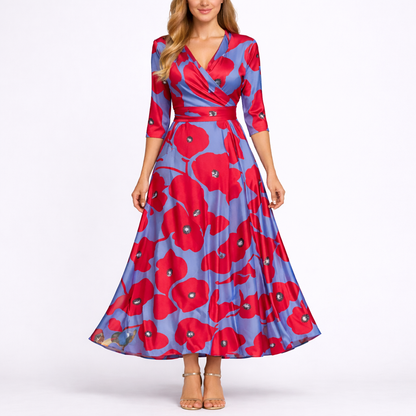 Red & Blue - Woman wearing a satin-finish floral A-line maxi dress with a wrap V-neckline and 3/4 sleeves.