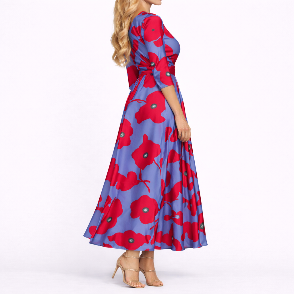Red & Blue - Woman wearing a satin-finish floral A-line maxi dress with a wrap V-neckline and 3/4 sleeves.