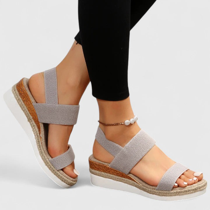 Blue - Stretch-fabric open-toe platform sandals featuring a cushioned footbed and textured jute-trim midsole.