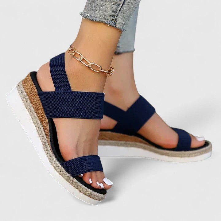 Blue - Stretch-fabric open-toe platform sandals featuring a cushioned footbed and textured jute-trim midsole.