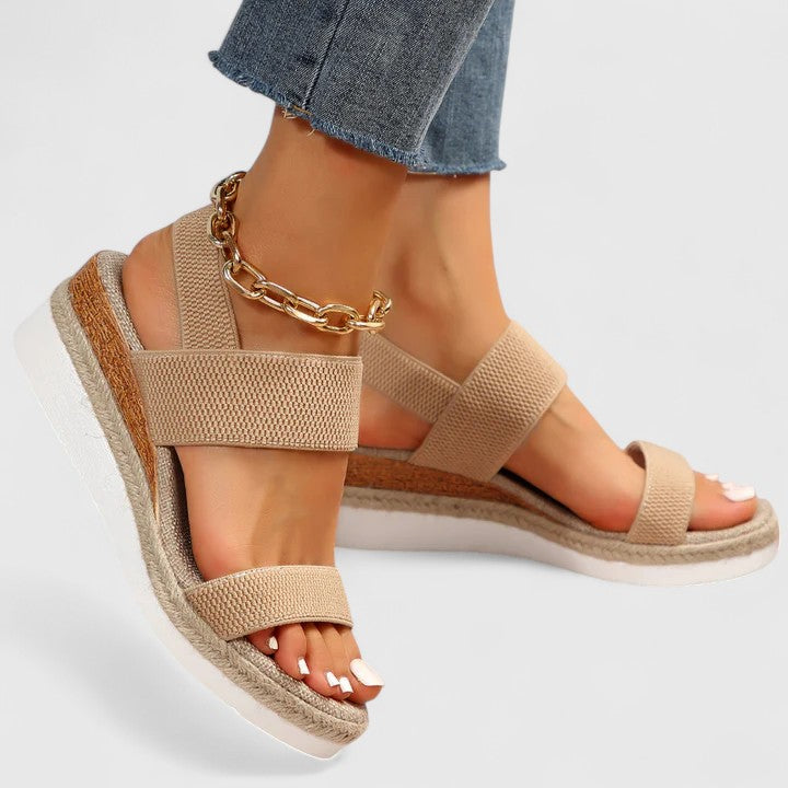 Brown - Stretch-fabric open-toe platform sandals featuring a cushioned footbed and textured jute-trim midsole.